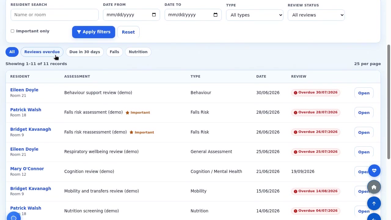 ÁitFoirne Clinical assessments list with reviews due - fictional demonstration data