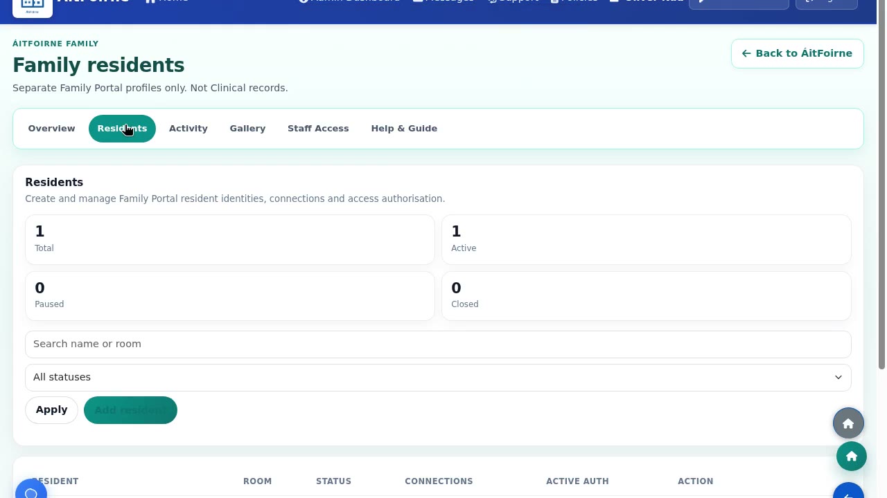 ÁitFoirne Family Portal residents screen - fictional demonstration data