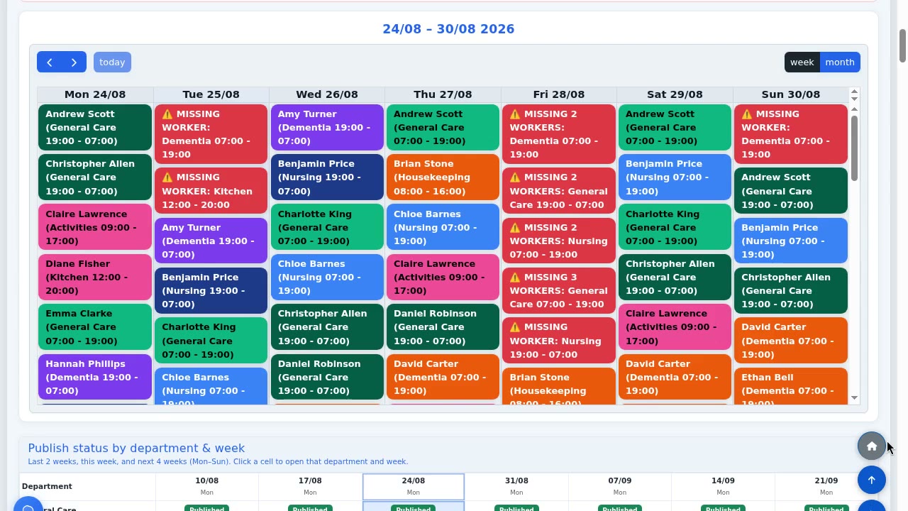 ÁitFoirne weekly staff rota with colour-coded shifts and missing-cover alerts - fictional demonstration data