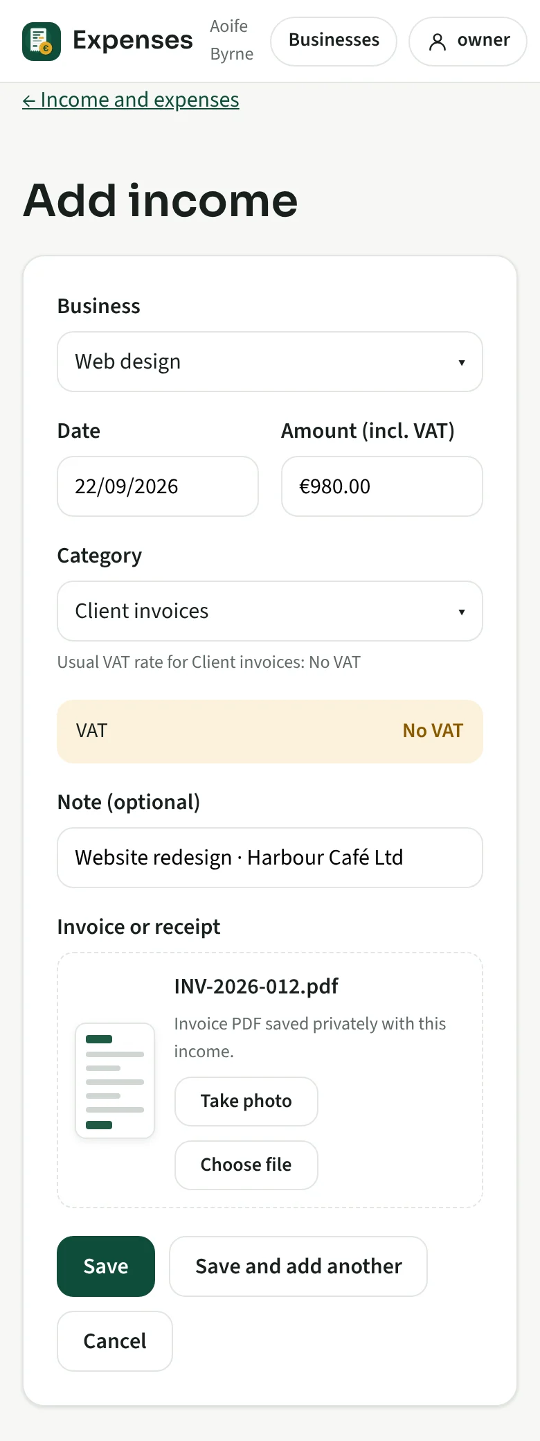 Expenses app on a phone: adding income with the client invoice as a PDF