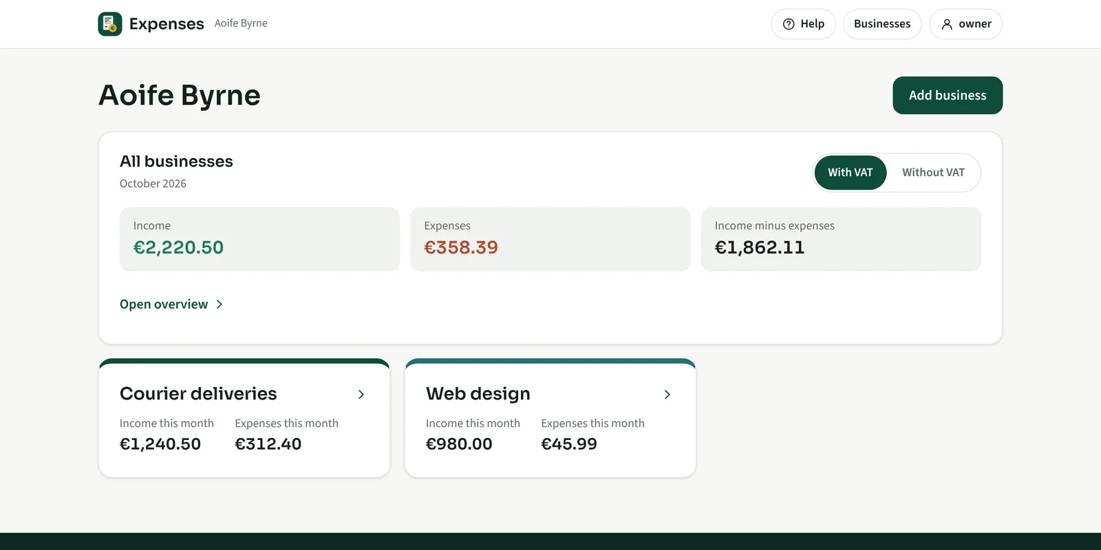 Expenses app: the home page with all businesses and their totals