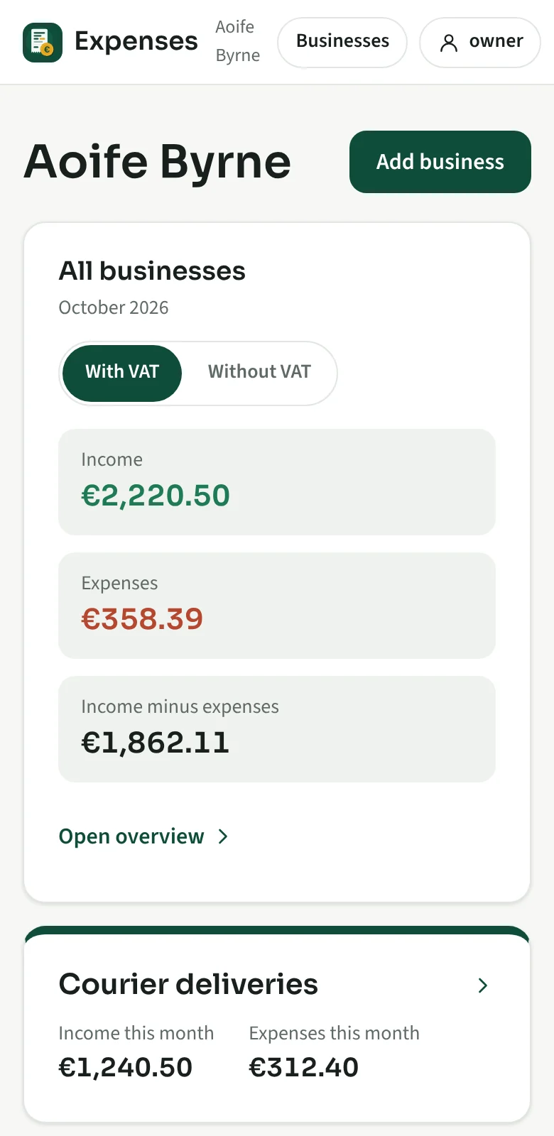 Expenses app on a phone: the home page