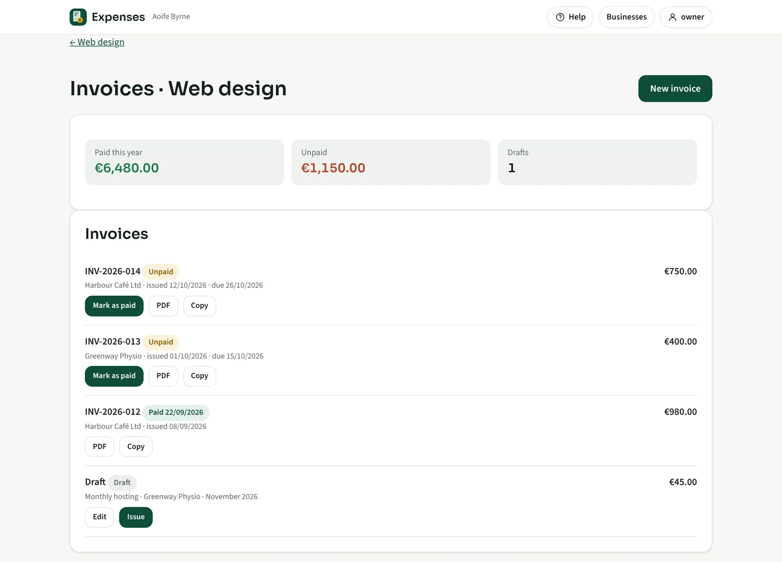 Expenses app: invoices marked paid, unpaid or draft, with Mark as paid, PDF and Copy