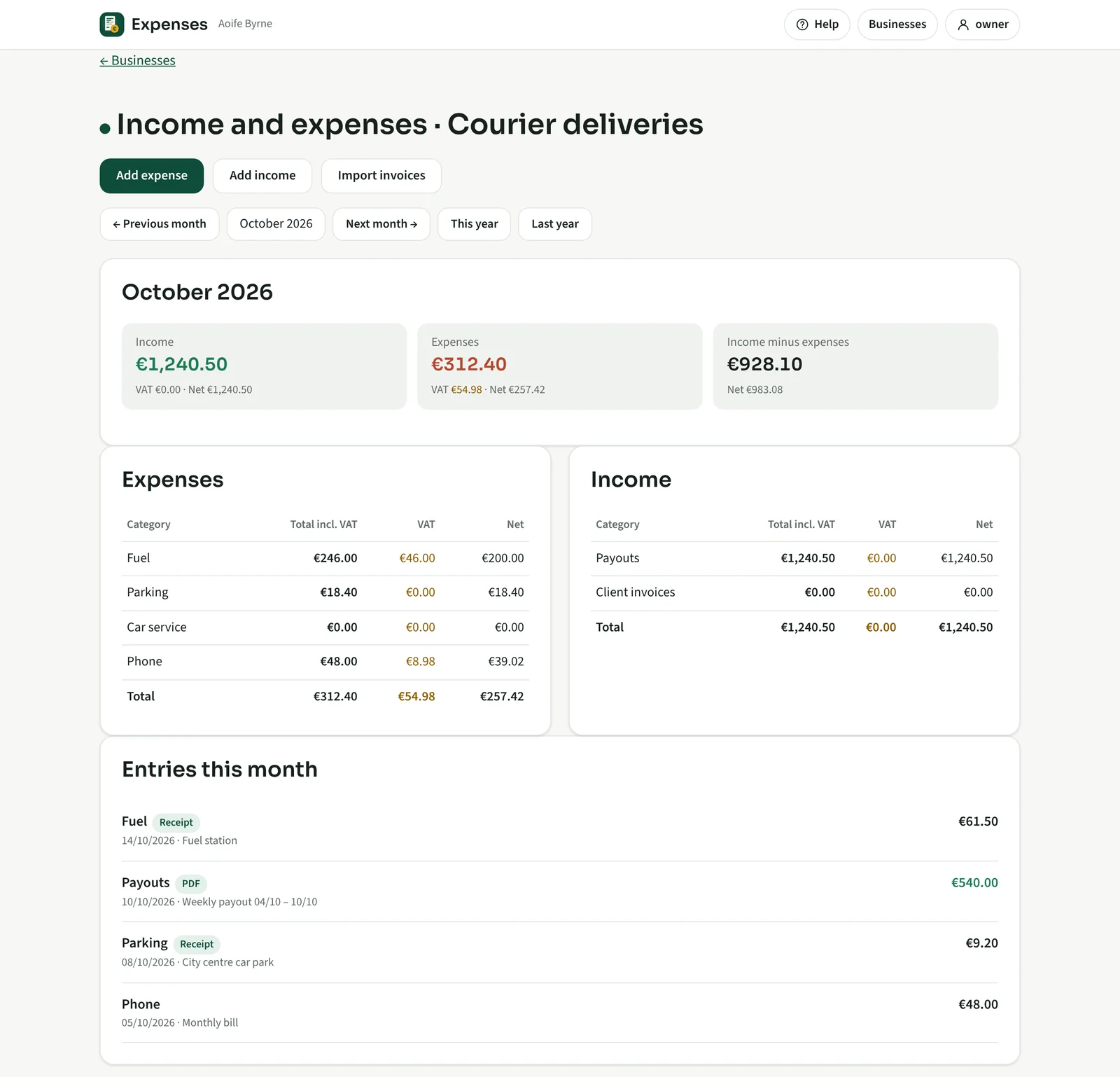 Expenses app: income and expenses for a month, by category, with the entries and their receipts